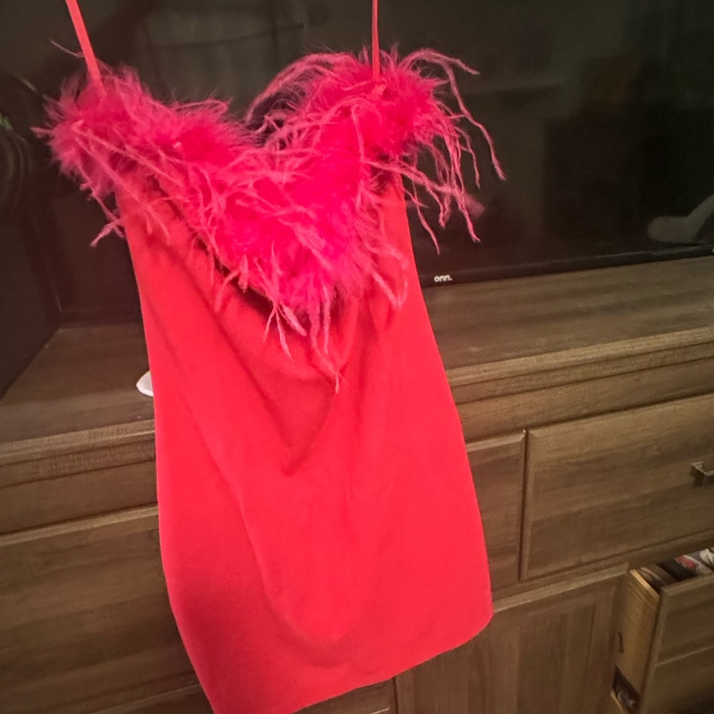 hot pink feathered dress